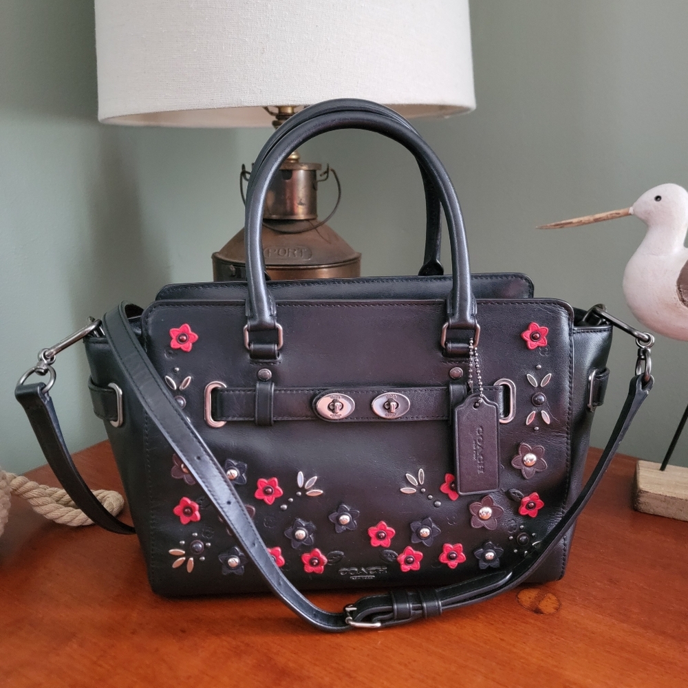 Coach F59450 Blake Carryall 25 Floral Applique Black Leather Satchel Bag
